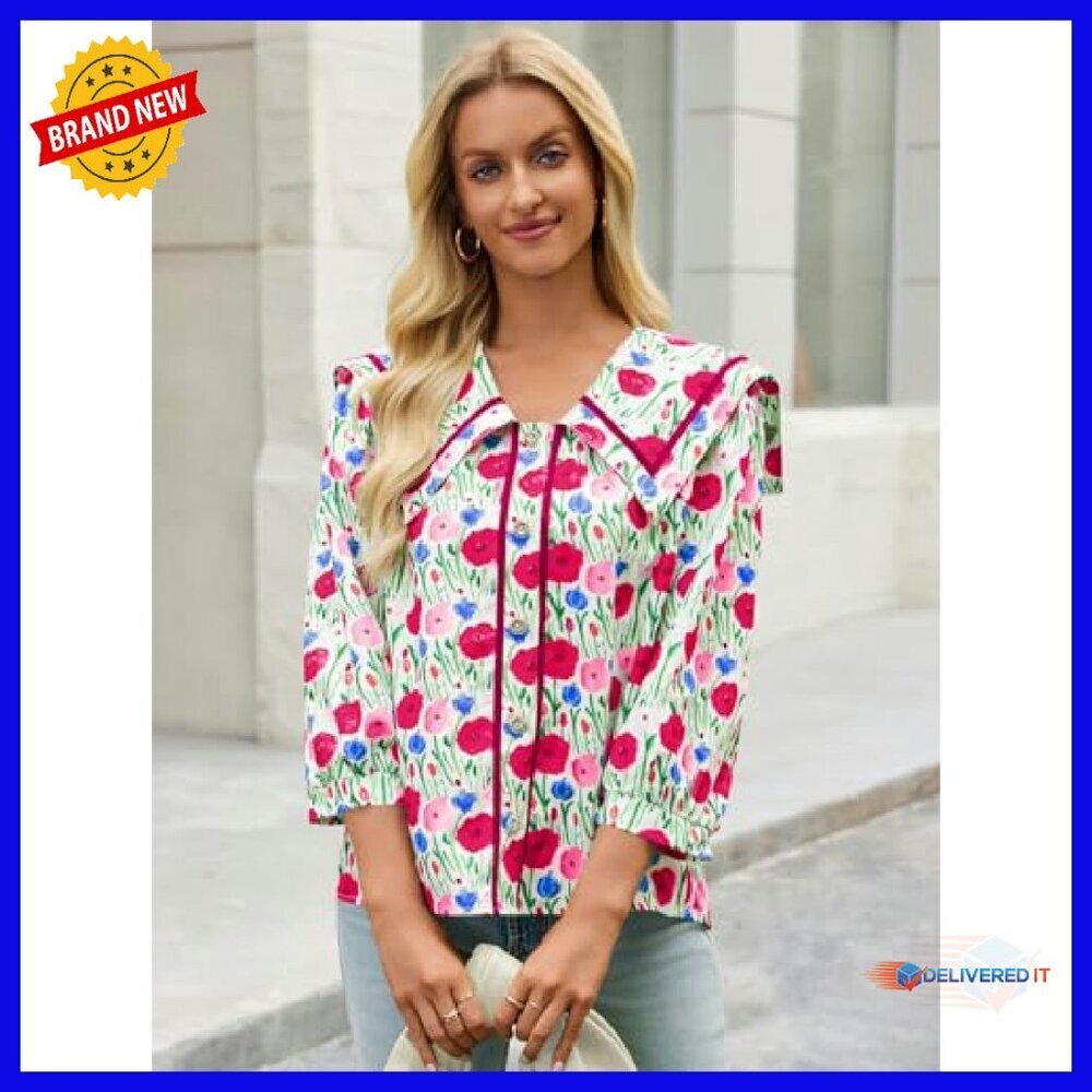 Floral Button Down Blouse 3/4 Sleeve Square Neck Collared Top - Picture 7 of 8